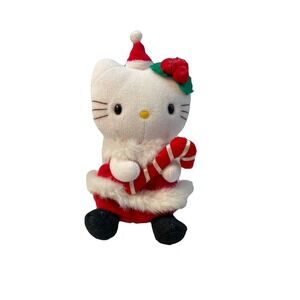 Vintage Sanrio Hello‎ Kitty With Candy Cane Plush Christmas Hat Bow Santa Hat 7"